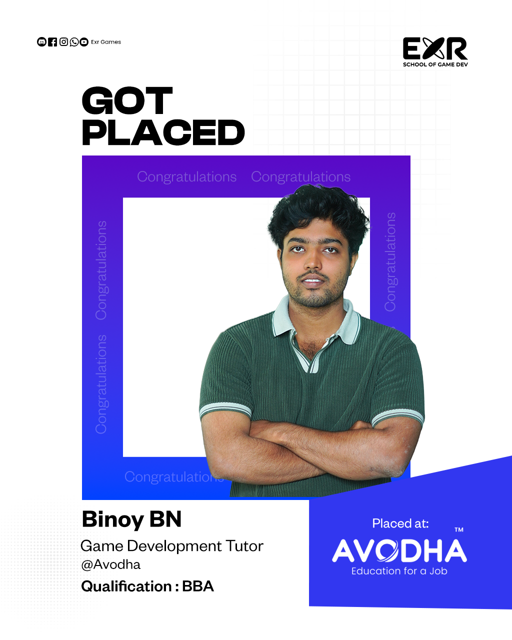 Binoy BN placed as Game Development Tutor at Avodha — EXR Games