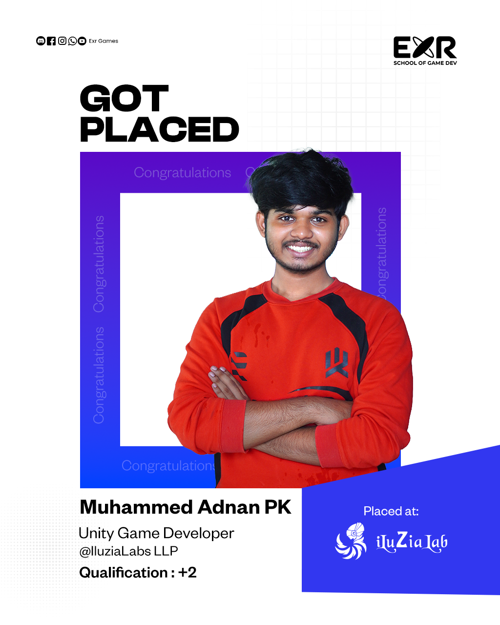 Muhammed Adnan PK placed as Unity Game Developer at IluziaLabs LLP — EXR Games