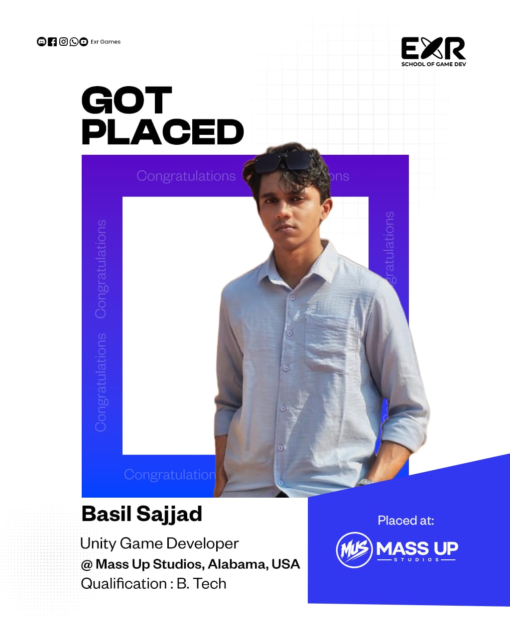 Basil Sajjad placed as Unity Game Developer at Mass Up Studios — EXR Games