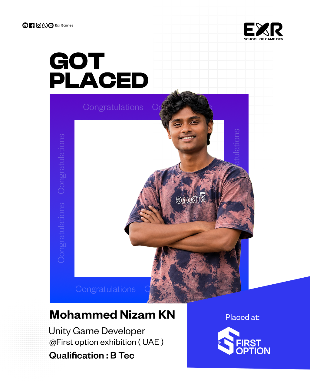 Mohammed Nizam KN placed as Unity Game Developer at First Option Exhibition (UAE) — EXR Games